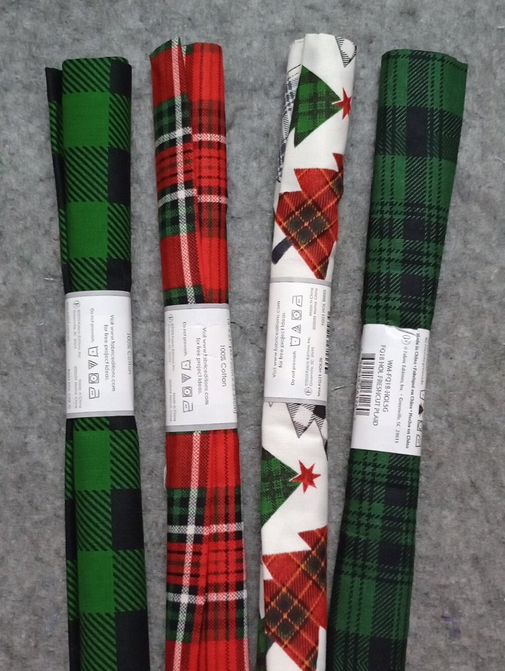 Plaid & Trees Holiday Fat Quarters in Green, Red, and White - Lot Of 4 NIP